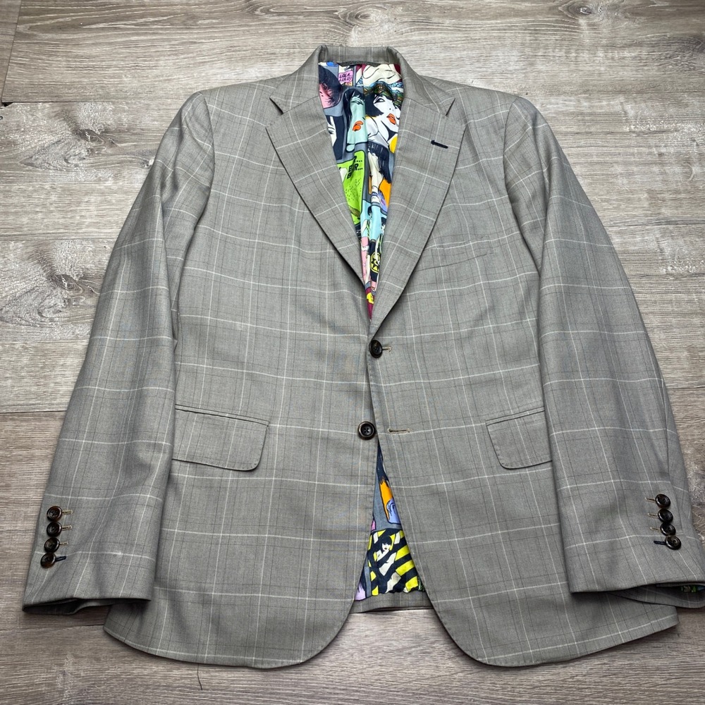 Holland & Sherry Blazer Mens 38R Grey Windowpane Pop Art Comic Lining Sport Coat